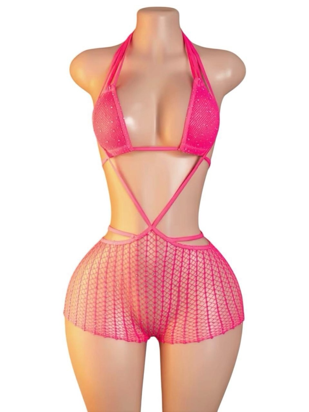 Neon Pink Rhinestone Mesh Short Set - One Size - Picture 4 of 8